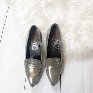 🆕 AGL Women's Gray Pointed‎ Toe Heeled Patent Leather Slip On Pumps Pewter
